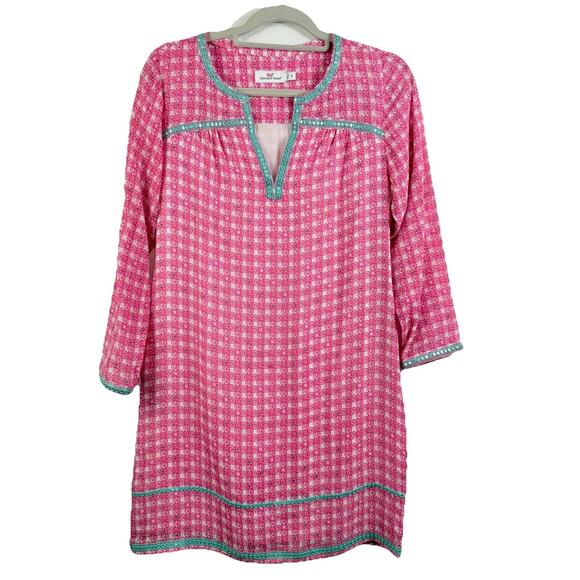 Vineyard Vines Cowrie Shell Mirrored 100% Silk Tunic Dress Size 4 Embroidered - Picture 1 of 16